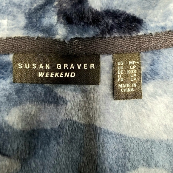 Susan Graver Weekend Cozy Fluffly Blue Camouflage Relaxed Waterfall Cardigan, MP - Picture 8 of 8